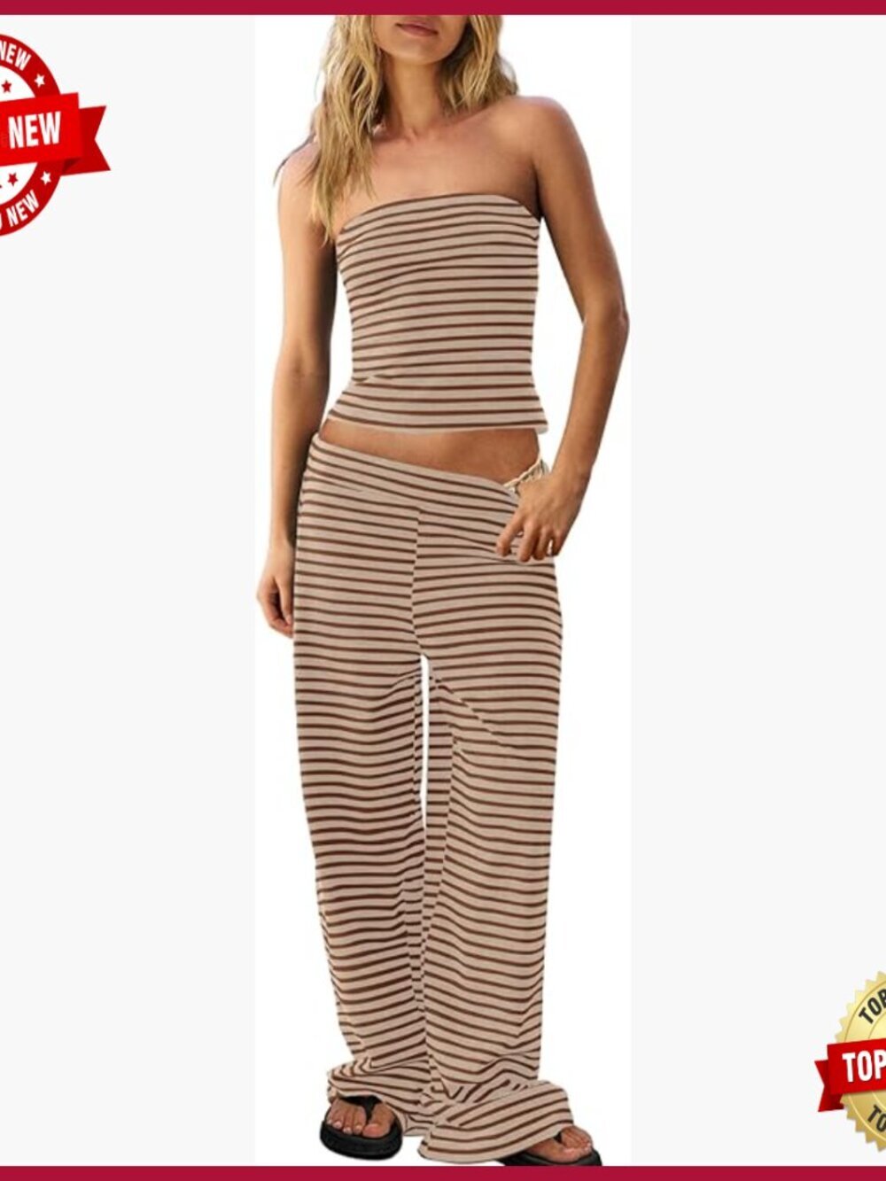 Striped Two Piece Set Tube Top Wide Leg Pants Lounge Wear Size Small